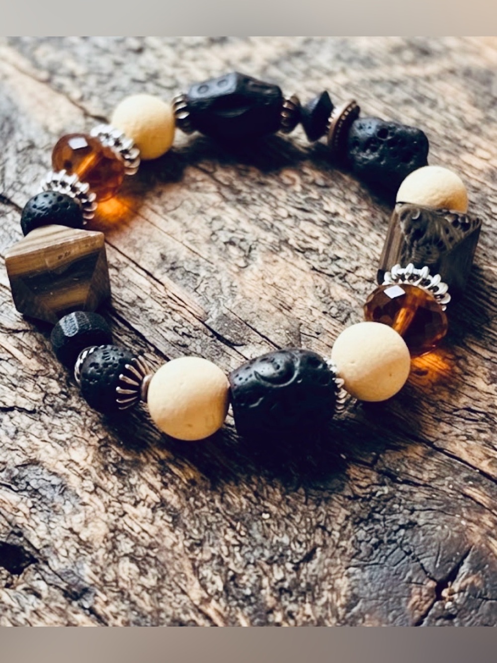 Bohemian Handcrafted Black, Amber & Cream Beaded Stretch Bracelet